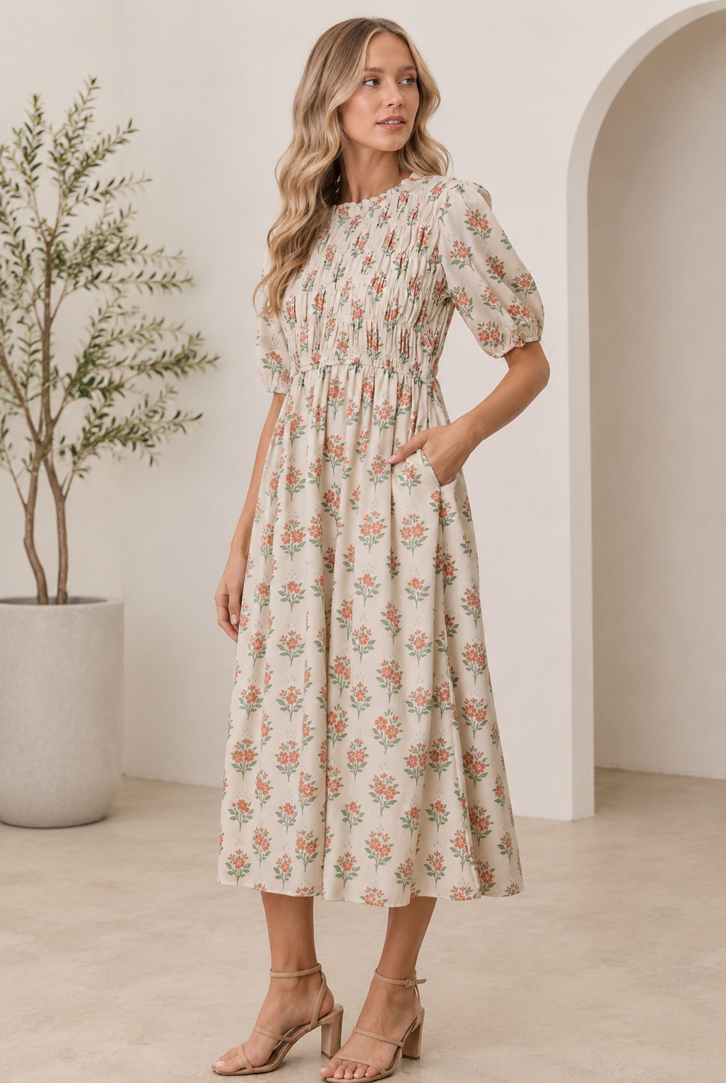 Mariana Smocked cream Multi dress