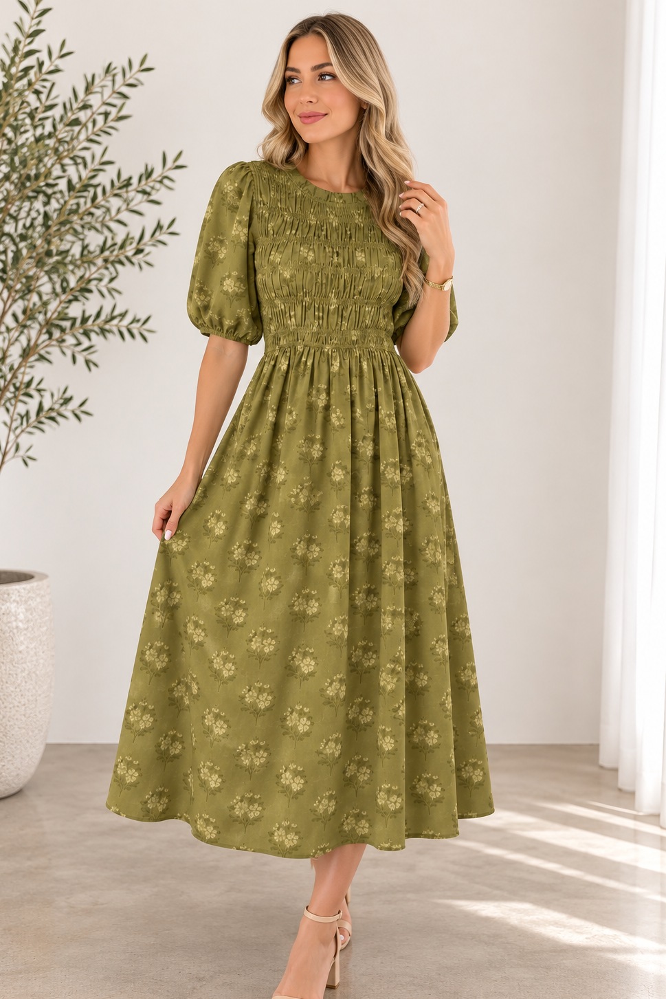 Mariana Smocked olive Multi dress