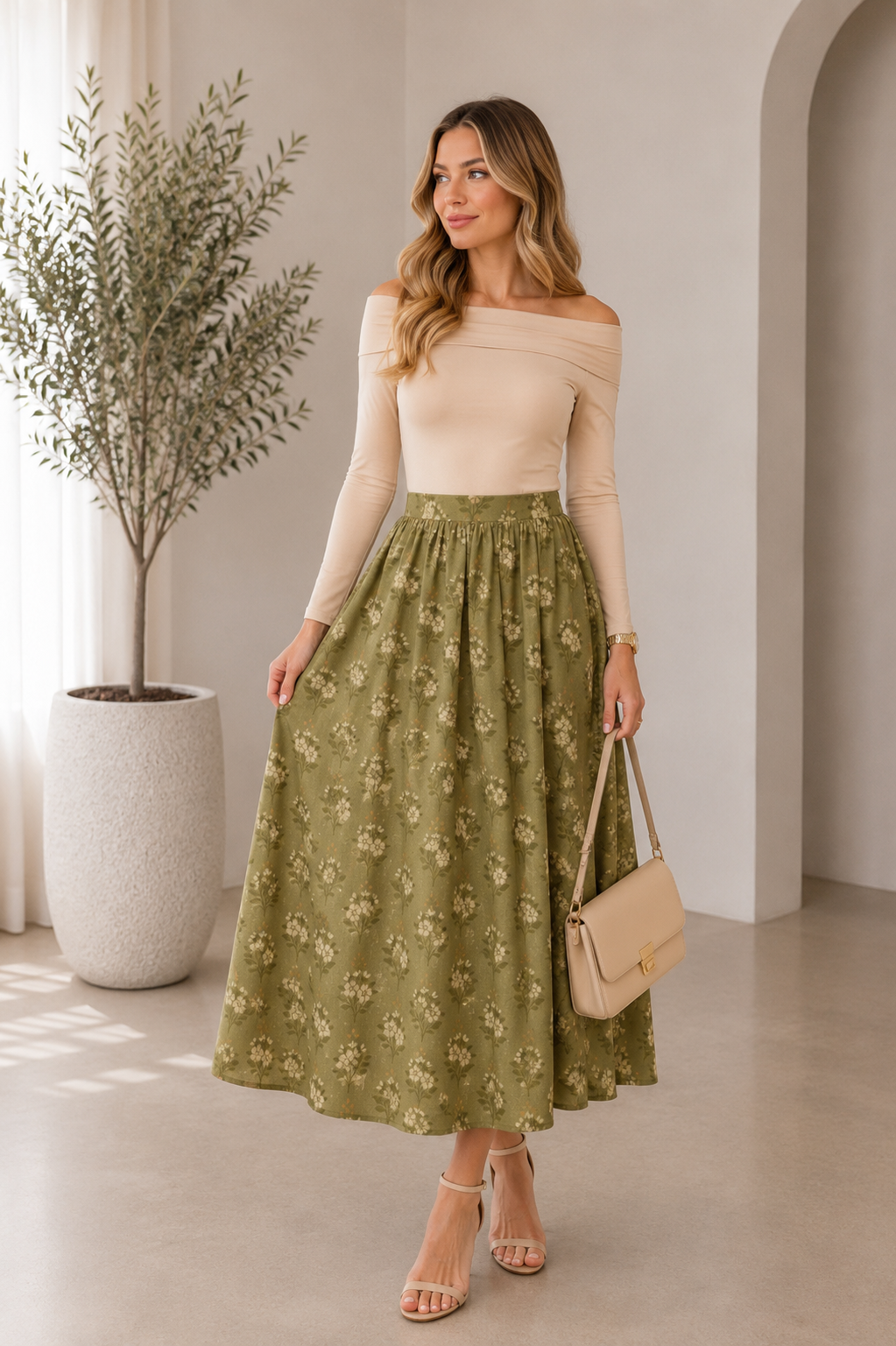 Bella Floral Print Elastic Waist Midi Skirt