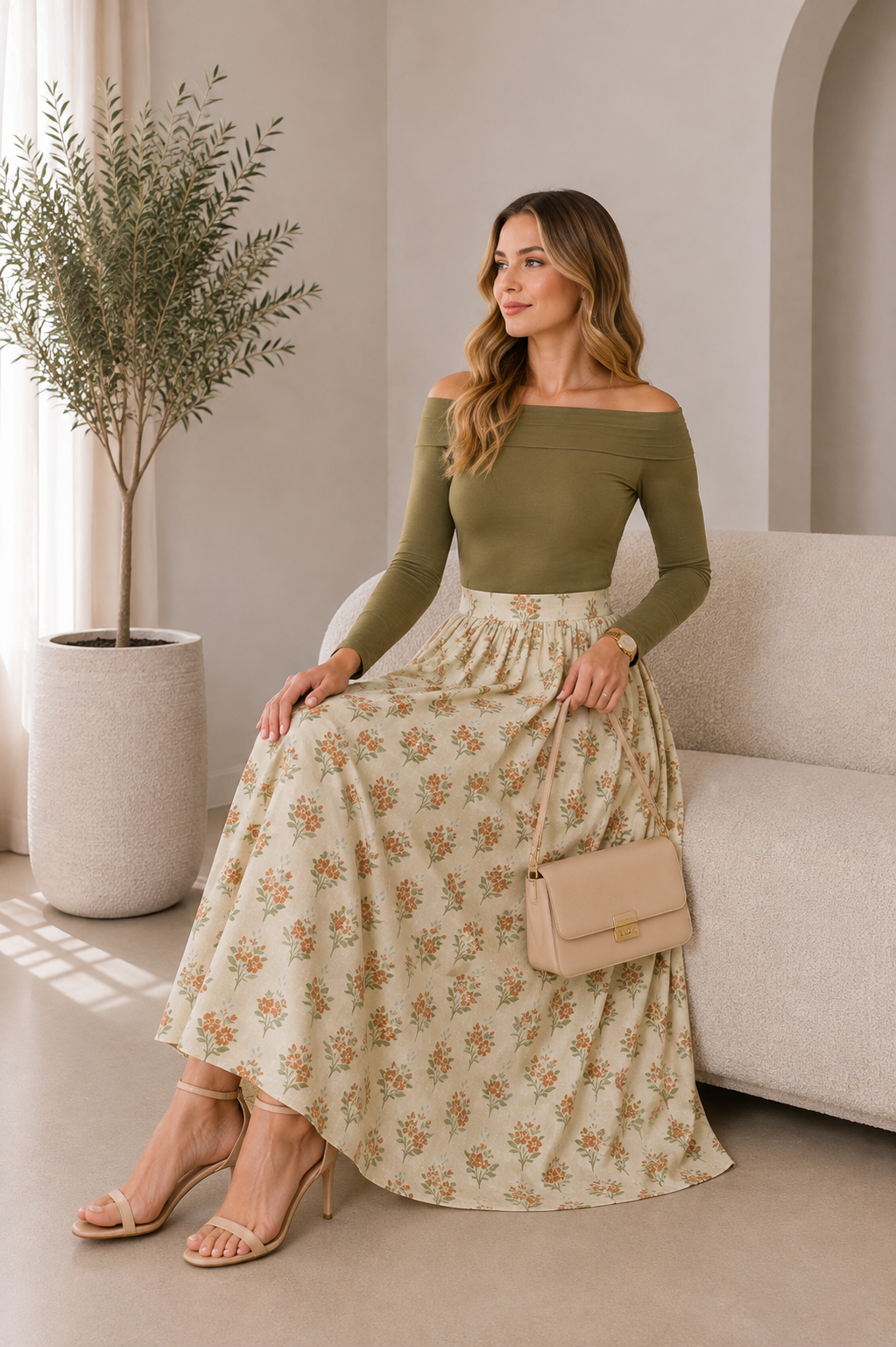 Bella Floral Print Elastic Waist Midi Skirt