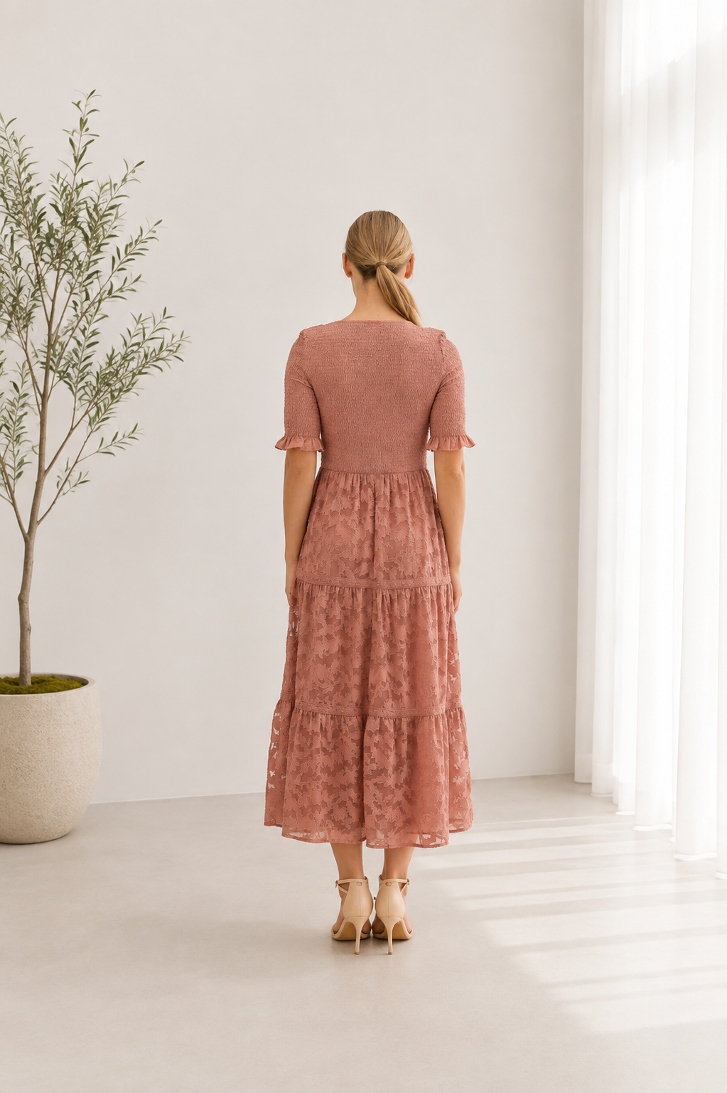 Denis Floral Jacquard Smocked Midi Dress