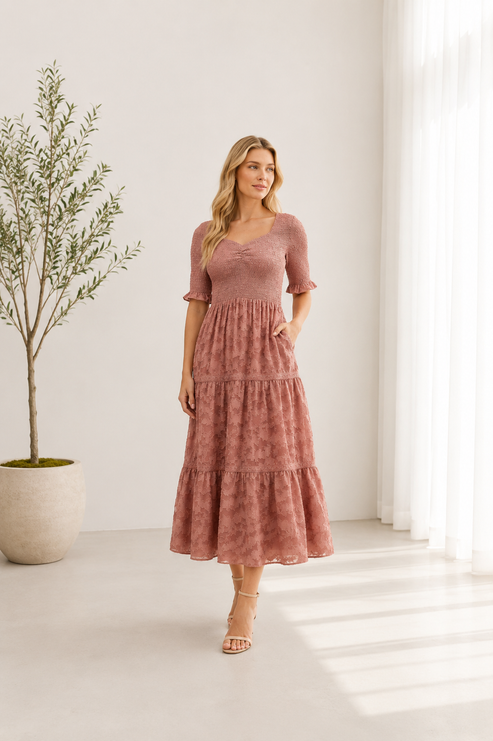 Denis Floral Jacquard Smocked Midi Dress