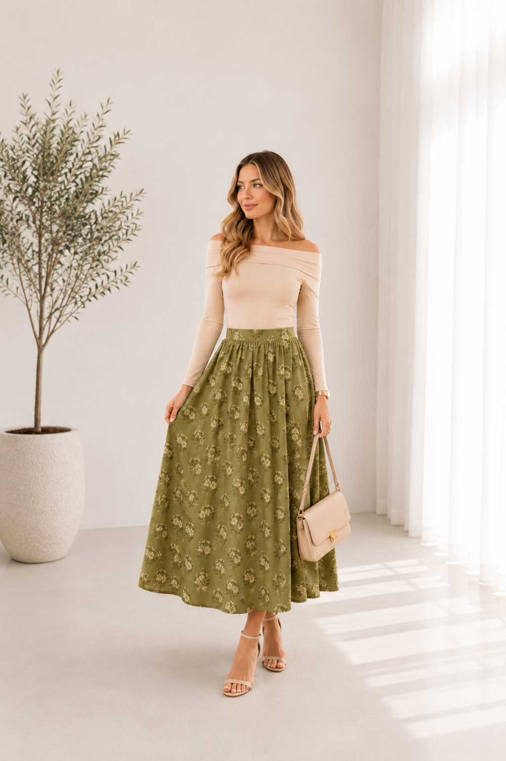 Bella Floral Print Elastic Waist Midi Skirt