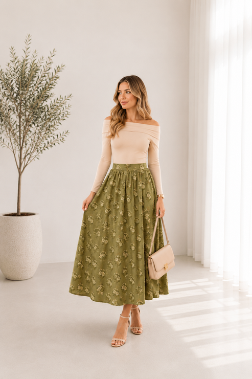 Bella Floral Print Elastic Waist Midi Skirt