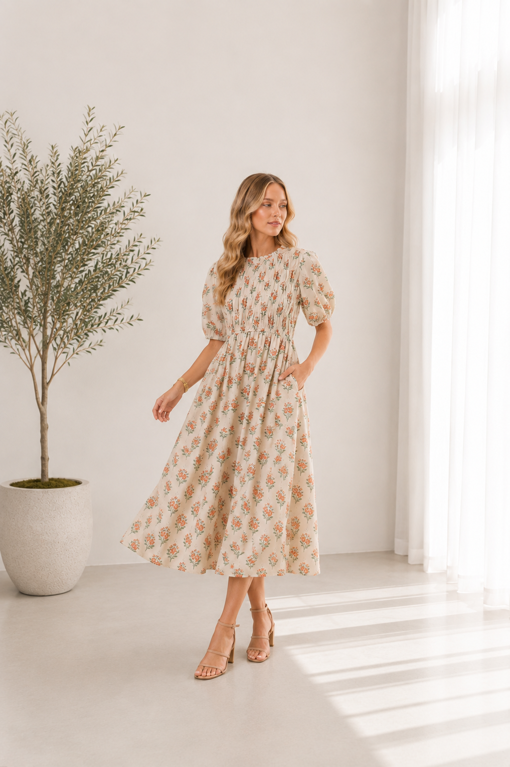 Mariana Smocked cream Multi dress
