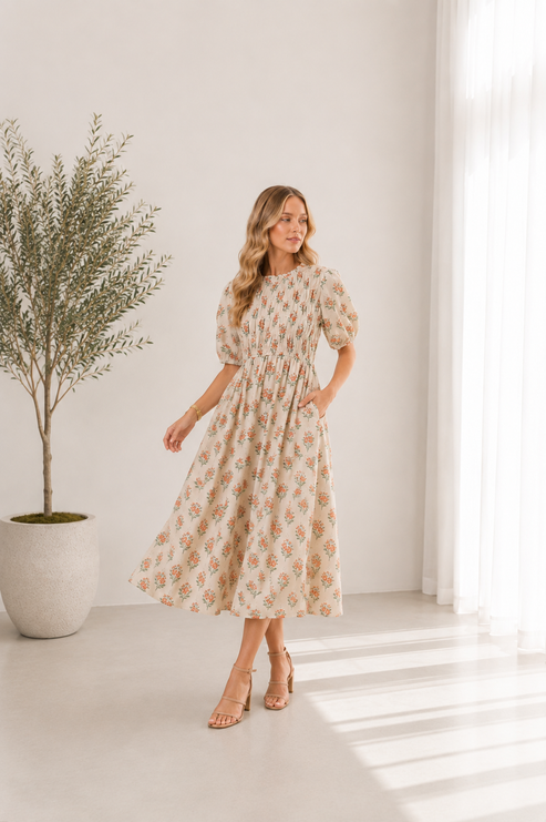 Mariana Smocked cream Multi dress